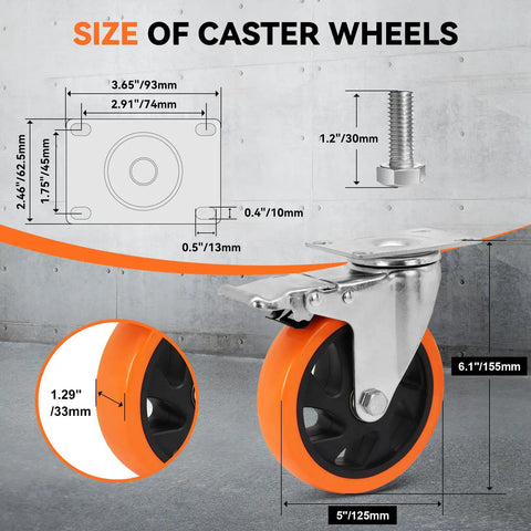 Built Tough 5 Inch Swivel Caster Wheels With Dual Brakes Set Of 4 dimension illustration showing size and measurements of heavy duty casters.