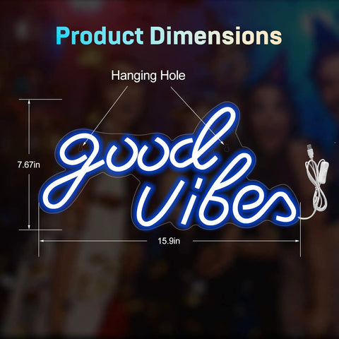 Good Vibes Neon Sign Wall Light for Bedroom Living Room Bar and Party Decor Neon LED Sign with dimensions and hanging hole