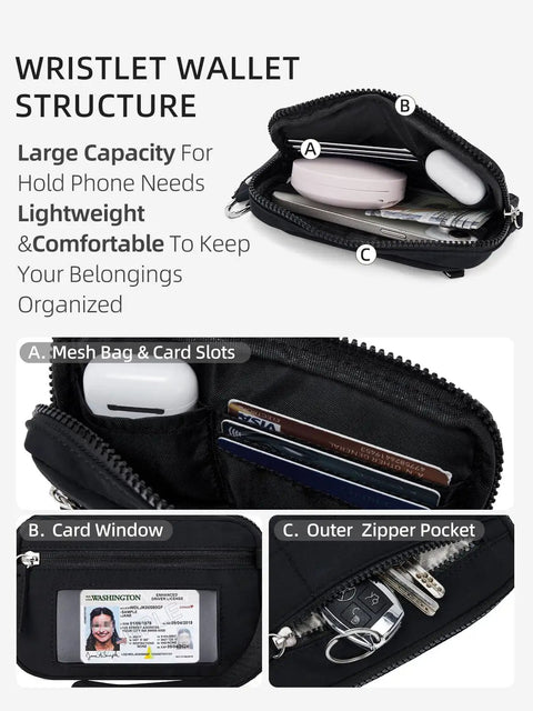 Women's Wristlet Wallet With RFID Blocking Quilted Nylon Phone Clutch And Zip Around Card Holder Purse shows interior storage space