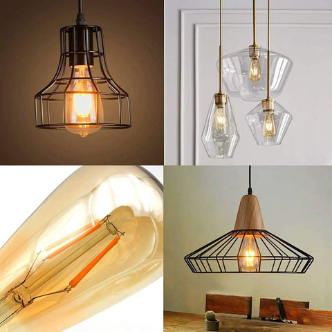 Pendant lights with Dimmable Edison LED Bulbs Vintage Style 4W Amber Glass ST64 E26 Warm White 2200K-2400K for cozy decor.