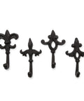 Four decorative cast iron key hooks in dark brown featuring classic Fleur De Lis charm for entryway and garage use.