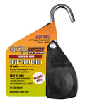 Heavy Duty 3/8 Inch Rope Ratchet Tie Down Pulley Hanger With Self Locking Tension System Built Tough For Shade Sails Hammocks Canopies And Garden Hoisting 250 Lb Capacity No Rope Included displayed with packaging.