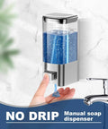 Wall Mounted Soap Dispenser For Kitchen And Bathroom With Zero Fuss No Drip Nozzle, 17 oz, chrome body, clear tank dispensing liquid.