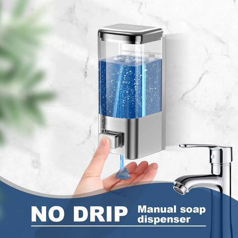 Wall Mounted Soap Dispenser For Kitchen And Bathroom With Zero Fuss No Drip Nozzle, 17 oz, chrome body, clear tank dispensing liquid.