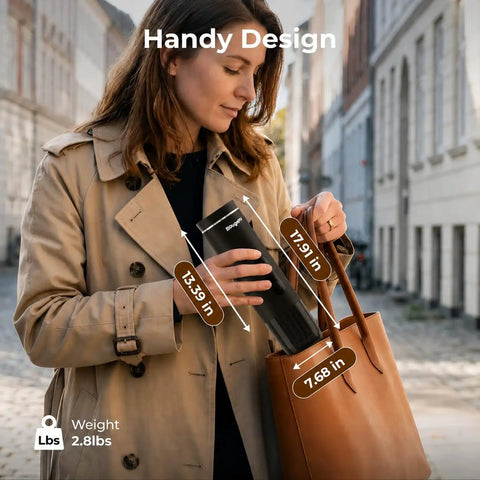 Woman placing a Portable Drip Coffee Maker On The Go 2 In 1 Compatible With K Cup And Ground Coffee into a handbag