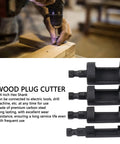Top Shelf 4 Piece Wood Plug Cutter Drill Bit Set With Quarter Inch Hex Shank For Quarter Half Three Eighth Five Eighths Inch Plugs, showcasing carbon steel bits in use.