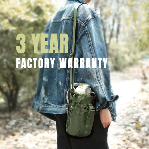 Person carrying Survival Ready 3-In-1 42oz Water Bottle With 24oz Nesting Cup And Carry Bag outdoors