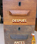 Before and after view of a wooden drawer showing restoration with Keep Your Wood Looking Crisp And Protected With This Real Orange Oil Polish That Hits Different On Tables And Cabinets Delivering A Smooth Dime Shine While Blocking Daily Wear And Tear For Sure.