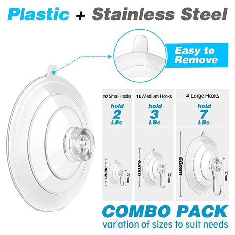 Three Size Suction Cup Hooks Set For Shower Glass And Walls With sizes and load capacities displayed