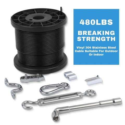170Ft String Light Hanging Kit with stainless steel cable, turnbuckles, hooks, and clamps, suitable for outdoor suspension