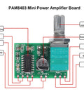 Front view of Ten Pack Mini PAM8403 5V Audio Amplifier Board Dual Channel Stereo Power Module With Potentiometer For DIY Portable Projects 3W Plus 3W Output Ideal For DIY Speakers Micro Amp USB Powered Dope Low Noise Audio showing components and connections.