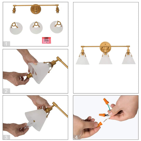 Assembly of Three Light Gold Vanity Light Fixtures With White Frosted Glass Shades Over Mirror In Brushed Antique Gold Finish