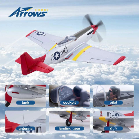 RC Plane For Grownups P51 850mm Wingspan With Vector Flight Stabilization System RTF Includes Battery Charger And Radio Ready To Fly Remote Control Airplane flying with detailed cockpit and pilot view.