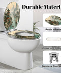Elongated Traditional Chinoiserie Landscape Pagoda River Toilet Seat on a toilet, showcasing resin material and soft-close hinge.