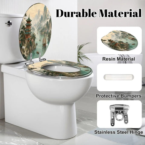 Elongated Traditional Chinoiserie Landscape Pagoda River Toilet Seat on a toilet, showcasing resin material and soft-close hinge.