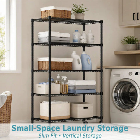 Heavy Duty Five Tier Wire Shelving Cart With Smooth Rollers And Adjustable Metal Storage Racks That Make Organizing A Breeze In Tight Garages Kitchens Or Laundry Rooms 46 By 18 By 74 Inches Black