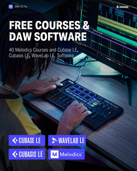 Person using Compact USB C MIDI Keyboard Controller With 25 Keys And 8 Drum Pads, OLED Display, includes DAW software on PC.