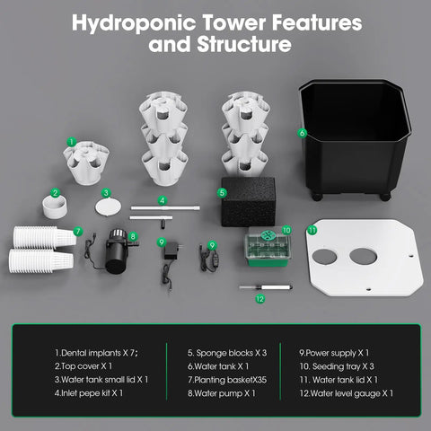 Components of 7 Layer 35 Pod Hydroponic Tower Garden System With 12V Pump and smart timer displayed on surface.