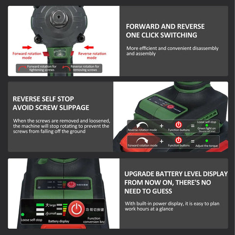 Klanata Cordless Brushless Impact Wrench 20V 1/2-Inch Drive display showing rotation modes and battery level indicators.
