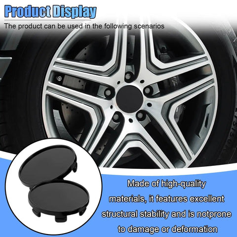 Slick Black Car Wheel Rim Center Caps 4 Pack Heavy Duty Abs Snap In Hub Covers Universal Fit For Cars Trucks And Jeeps 2.13 Inch Outer Diameter displayed on a car wheel.