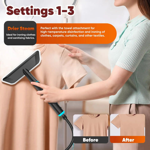 Using 2500 Watt Handheld Steam Cleaner With One Point Eight Quart Tank And Ten Attachments for high-temp fabric sanitizing.