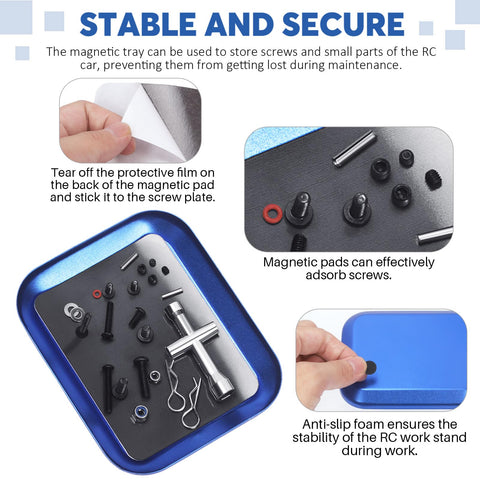 Universal RC Screw Kit 502 Pcs With Hex Button Head And Flat Head Screws Nuts Washers Grub Screws Dowels Clips O Rings E Clips Mini Socket Magnetic Screwdriver in blue magnetic tray.