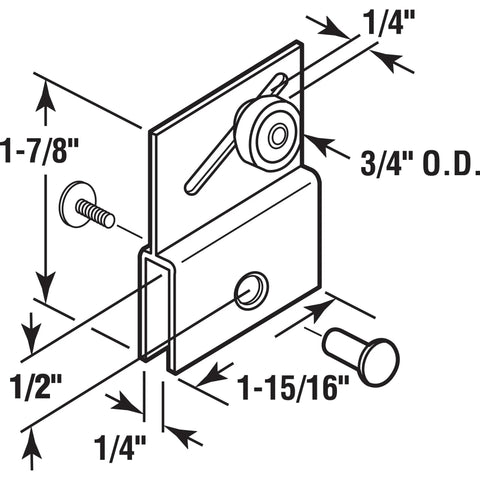 Diagram of Frameless Sliding Shower Door Top Bracket With Three Quarter Inch Roller, Flat Plastic Wheel And Two Steel Ball Bearings.