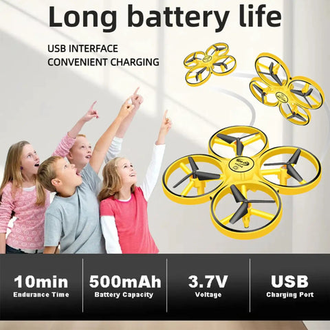 Kids hand controlled drone with gesture sensing and smart watch control, LED light show, yellow, USB charging, long battery life.