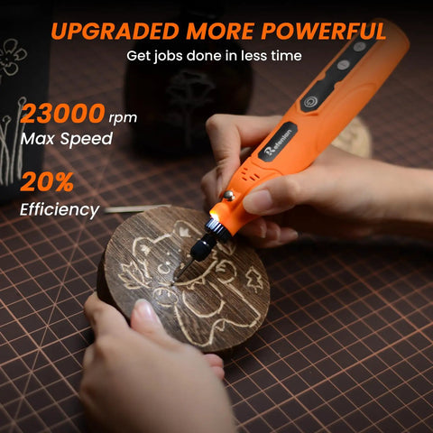 Heavy Duty 448 Piece Rotary Tool Accessory Kit With Sleek Carry Case, 1 8 Inch Universal Bits, Cordless Power Tool Built Strong For Sanding Polishing Engraving, Plug And Play 2000 Mah Battery in use engraving a wooden piece