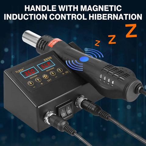 Slick 2 In 1 ReWork Soldering Station Rig Combining Hot Air Heat Gun And Iron Kit showing digital display and induction control.