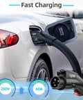 Tesla Nacs To J1772 Ev Charger Adapter 60Amp 250Volt Ul 2252 Certified charging a silver EV with details of 250V and 60A.