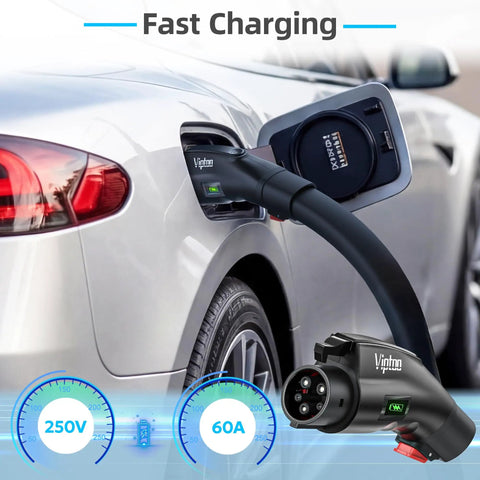 Tesla Nacs To J1772 Ev Charger Adapter 60Amp 250Volt Ul 2252 Certified charging a silver EV with details of 250V and 60A.