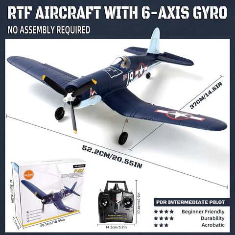 Brushless 4CH RC Plane With 500mm Wingspan F4U Fighter 6 Axis Gyro Three Flight Modes Ready to Fly, shown with controller and box
