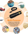 Pro Grade Electric Resin Drill Set Pin Vise Mini Hand Drill Kit with images of crafts, USB cable, and size guide