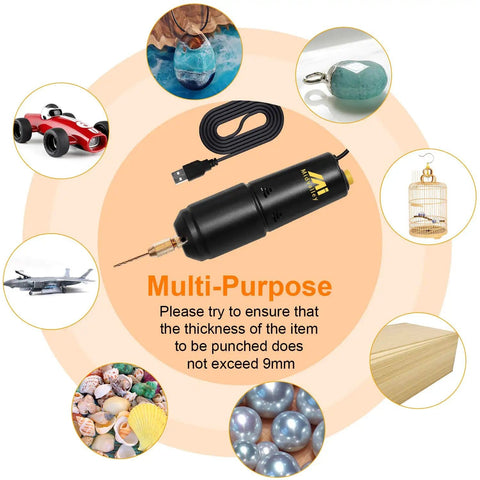 Pro Grade Electric Resin Drill Set Pin Vise Mini Hand Drill Kit with images of crafts, USB cable, and size guide