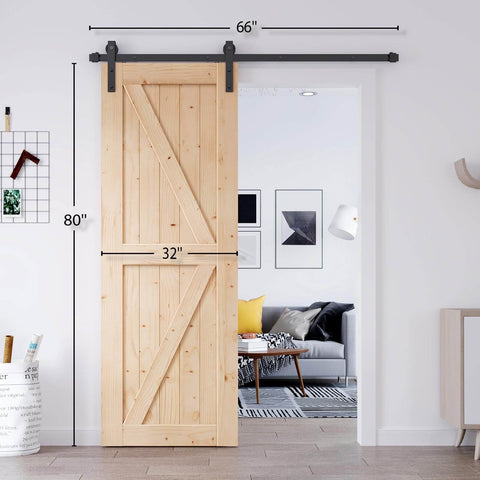 32 Inch By 80 Inch Sliding Barn Door With 5.5 Foot Hardware Kit And Handle Included Easy Install DIY Assembly For Your Home And Storage Spaces K Frame installed in living room