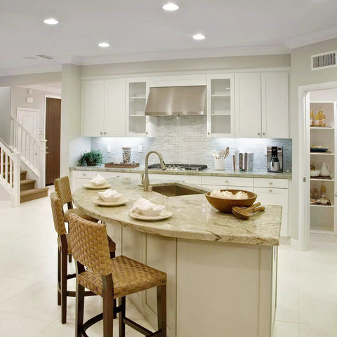 Modern kitchen with 12 Pack 6 Inch LED Recessed Ceiling Lights Dimmable With 5CCT 2700K To 5000K Color Temp Selectable 12W 100W Equivalent 1050 Lumens Ultra Thin Disk Downlight Can Killer Recessed Lighting installed.