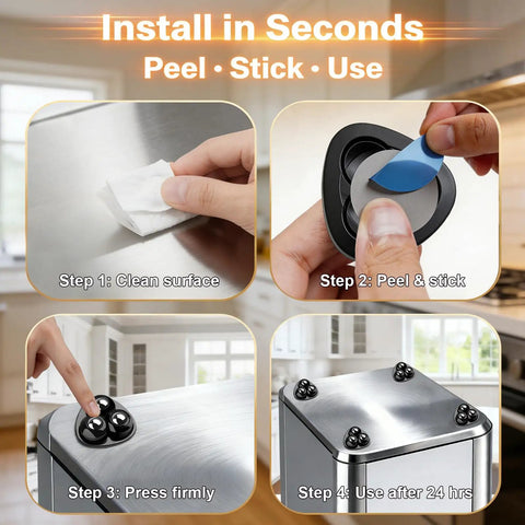 Steps to install Self-Adhesive Ball Casters With 360 Degree Swivel, Mini Universal Caster Wheels For Countertops, Equipment And Small Furniture, Peel And Stick Install, No Drill, Black, 4 Pack.