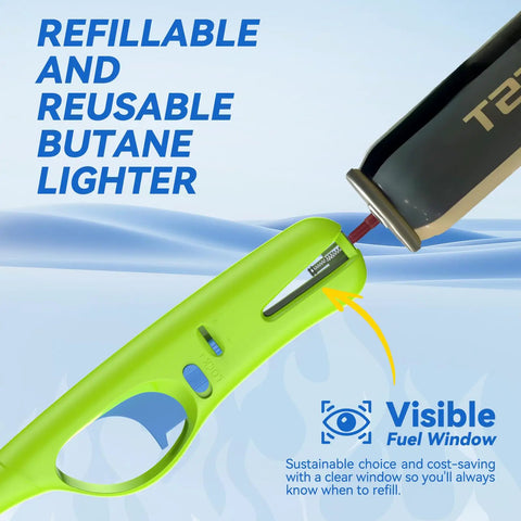 4 Pack Refillable Long Stem Lighters With Visible Fuel Window, showing the fuel window and refill process.