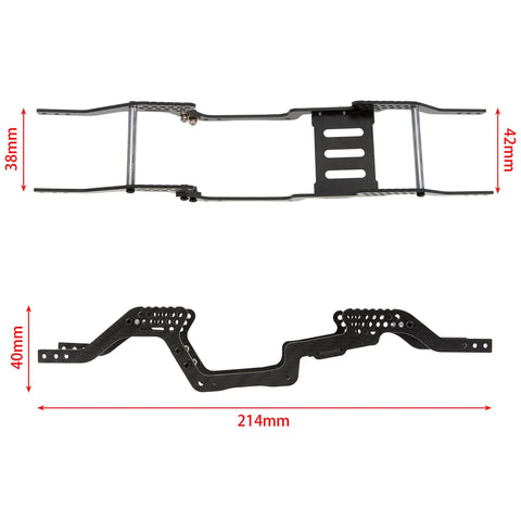 Lightweight Carbon Fiber LCG Chassis For TRX4M 1/18 RC Crawler Defender And Bronco, top and side view with dimensions marked