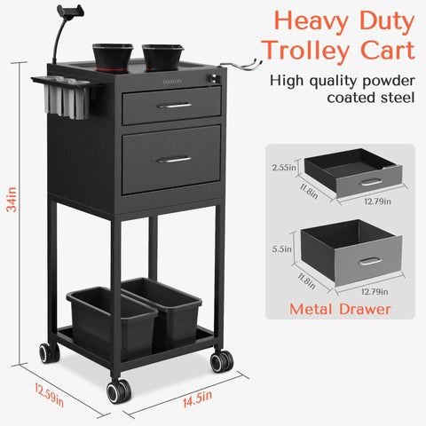 Rolling Salon Trolley Cart With Wheels Lockable Metal Storage Two Drawers And Magnetic Bowls Mobile Hair Stylist Station For Tools Organization Barber And Tattoo Supplies Heavy Duty Steel Black shown with dimensions and features