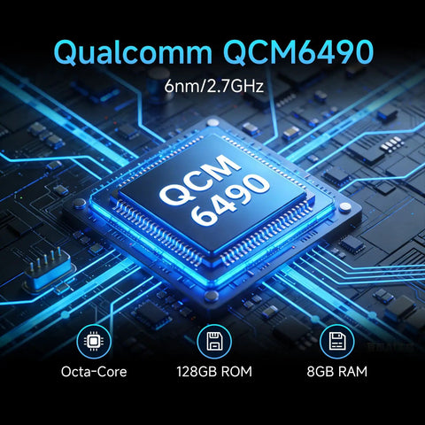 Close-up of Qualcomm QCM6490 chip used in Heavy Duty Rugged Android 14 Tablet With Built In Barcode Scanner 8GB RAM And 128GB Storage.