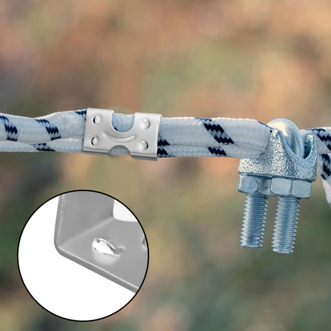 20 Pack Heavy Duty Stainless Steel Rope Clamps, Double Clip Set holding white rope outdoors