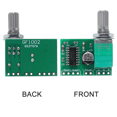 Front and back view of Dual Channel 5V Mini PAM8403 Audio Amplifier Module for DIY Projects with potentiometer.