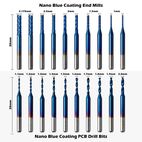 Genmitsu 50pc tungsten carbide end mill set with nano blue coating, 1/8'' shank; PCB drill, straight & ball-nose bits.