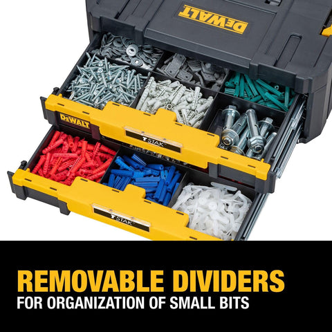 Sturdy TSTAK Tool Storage Organizer With Double Drawers Holds Up To 16.5 Lbs, showing removable dividers and small bits inside.