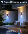 Totally Transform Your Patio With These Smart Outdoor Wall Lights Featuring Smooth Rgbicww Color Swaps And Sleek Top And Bottom Glow In A Tough 2 Pack Design Serving A Dang Good 1200 Lumen Kick For Any Front Porch Or Backyard Setup. All-around dynamic lighting with adjustable colors on four sides for patio use.
