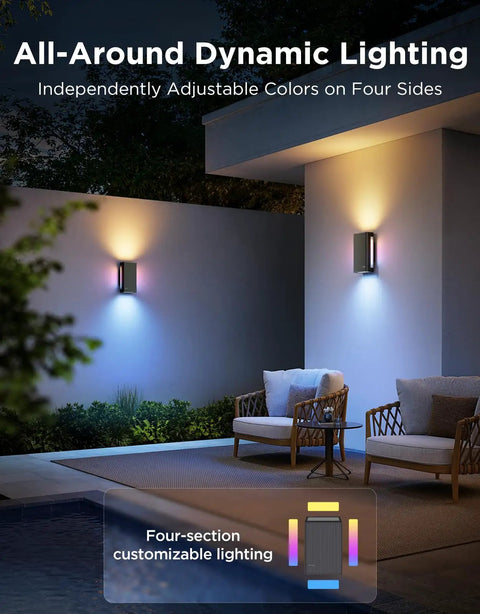 Totally Transform Your Patio With These Smart Outdoor Wall Lights Featuring Smooth Rgbicww Color Swaps And Sleek Top And Bottom Glow In A Tough 2 Pack Design Serving A Dang Good 1200 Lumen Kick For Any Front Porch Or Backyard Setup. All-around dynamic lighting with adjustable colors on four sides for patio use.