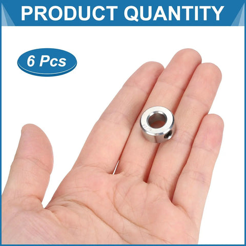 Hand holding one Six Pack Set Screw Shaft Collar With Hollow Design, 5/16 Inch Bore, highlighting product size and design.