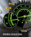 Heavy Duty Tire Pressure Gauge With Large Glow Dial And Steel Braided Hose Reaching Two Hundred Thirty Psi Via Quick Connect Coupler displaying 28PSI reading.